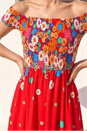 Red Floral Print Bardot Shirred Midi Dress, Image 4 of 4