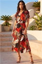 Rust Leaf Print Shirred Midi Dress, Image 3 of 4