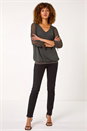 Khaki Burnout Print V-Neck Overlay Mesh Top, Image 2 of 5