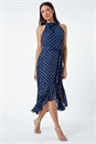 Navy Metallic Foil Spot Halter Neck Midi Dress, Image 1 of 5