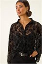 Black Textured Floral V-Neck Top, Image 1 of 6