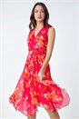 Cerise Floral Print Chiffon Shirred Asymmetric Dress, Image 1 of 6