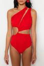 Red One Shoulder Cut Out Detail Swimsuit, Image 2 of 3