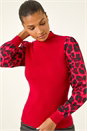 Red Animal Print Mesh Sleeve Knit, Image 4 of 5