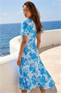 Blue Button Down Floral Shirred Midi Dress, Image 3 of 4