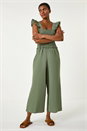 Khaki Cotton Linen Blend Frill Jumpsuit, Image 4 of 5