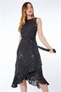 Black Sequin Frill Hem Asymmetric Midi Wrap Dress, Image 1 of 5