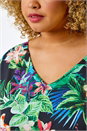 Green Curve Tropical Print Blouson Hem Top , Image 5 of 5