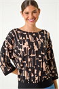Black Abstract Banded Hem Stretch Top, Image 4 of 5