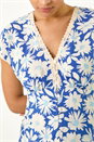 Blue Floral Print Lace Trim Top, Image 5 of 5