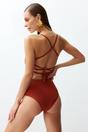 Dark Orange Square Neck Strappy Open Back Fitted Swimsuit, Image 1 of 3