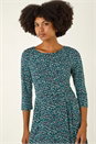 Green Abstract Print Gathered Stretch Midi Dress, Image 4 of 5