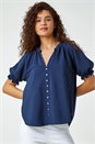 Navy  Puff Sleeve Button Up Detail V-Neck Blouse, Image 2 of 5
