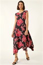 Black Floral Print Stretch Midi Dress, Image 1 of 5