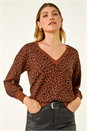 Brown Animal Print V-Neck Boyfriend Jumper, Image 4 of 5