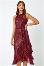 Red Halter Neck Sequin Midi Stretch Dress, Image 2 of 5