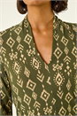Khaki Aztec Print V-Neck Stretch Top, Image 5 of 5
