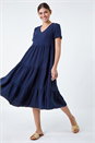 Navy  Cotton Textured Tiered Midi Dress, Image 2 of 5