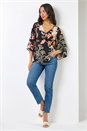Black Tropical Print V-Neck Ruched Tunic Top, Image 3 of 5
