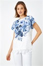 Blue Floral Print Lace Trim Stretch T-Shirt , Image 1 of 5