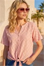 Pink V-Neck Broderie Stretch Jersey Tie Front Top, Image 2 of 4