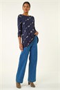Navy  Printed Lace Cuff Stretch Top, Image 2 of 5