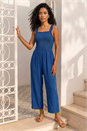 Blue Denim Shirred Bodice Pocket Jumpsuit, Image 3 of 4