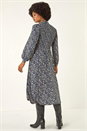 Navy  Ditsy Floral Print Shirred Midi Dress, Image 3 of 5