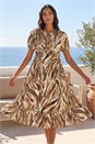 Tan Abstract Print Tie Front Smock Dress, Image 1 of 4