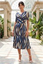 Navy Abstract Print Wrap Midi Dress, Image 1 of 4