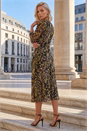 Green Petite Printed Mesh Ruched Midi Dress, Image 3 of 4