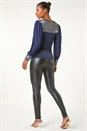 Navy  Sequin Yoke Mesh Sleeve Top, Image 3 of 5