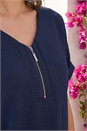 Navy  Petite Zip Front V-Neck Top , Image 4 of 4