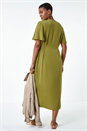 Pea Green Button Down Shirred Midi Dress, Image 3 of 5