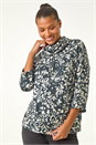 Navy Floral Printed Roll Neck Top, Image 1 of 5