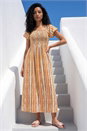 Orange Abstract Stripe Shirred Midi Dress , Image 1 of 4
