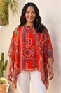 Red Curve Ikat Paisley Asymmetric Overlay Top, Image 2 of 4