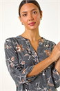 Dark Grey Floral Textured Print Stretch Blouse, Image 2 of 5