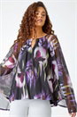 Purple Floral Print Mesh Stretch Top, Image 1 of 5