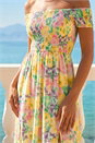 Yellow Floral Print Bardot Shirred Midi Dress, Image 4 of 4