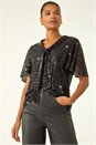 Black Sequin Tie Neck Stretch Top, Image 4 of 5