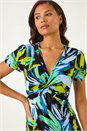 Blue Leaf Print Twist Front Midi Dress, Image 4 of 5