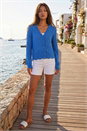 Blue Pointelle Button Knit Cardigan, Image 3 of 4