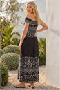 Black Border Print Bardot Shirred Midi Dress, Image 3 of 4