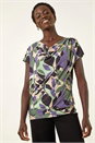 Green Geometric Leaf Print Cowl Neck Top, Image 3 of 4
