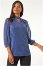 Blue Twist Neck Glitter Mesh Top, Image 4 of 5