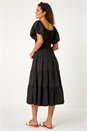 Black Puff Sleeve Tiered Midi Dress, Image 3 of 6