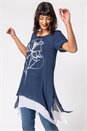 Navy  Floral Motif Print Asymmetric Tunic Top, Image 1 of 4