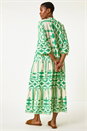 Green Aztec Print Tiered Midi Smock Dress, Image 3 of 5