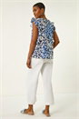 Blue Animal Print Frill Sleeve Blouse, Image 3 of 5